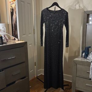 Xscape Black Long Sleeve Gown with Silver Accents